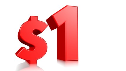 1$ price symbol. red text 3d  render. on white background