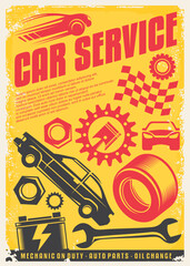 Car service vintage poster design. Retro transportation ad concept. Auto parts, gears, vehicles graphic. Vector transport flyer idea on yellow background.
