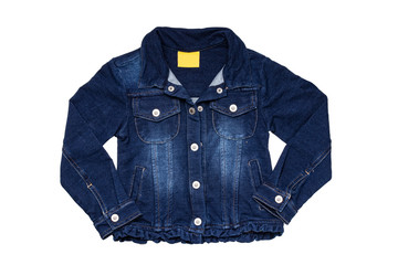 Kids jeans jacket isolated. A stylish fashionable denim dark blue jacket with a light blue lining for the little girl. Children jeans fashion.