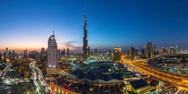 Modern city skyline at dusk, Dubai, UAE