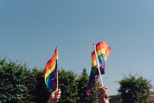 People With Rainbow Flags Attending a Gay pride