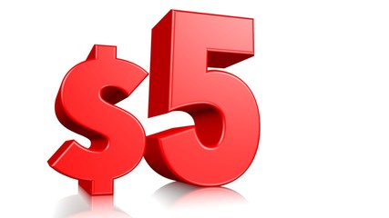 5$ price symbol. red text 3d render.