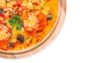 Tasty pizza on a white background.Top view of pizza. Isolated