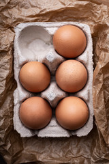 Natural ecological chicken eggs. Raw eggs in brown shells