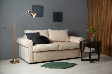 Modern living room interior with comfortable sofa