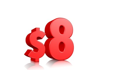 8$ price symbol. red text 3d render.