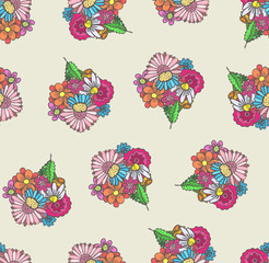 Cute doodle seamless pattern with orange, blue and pink flowers bouquets. Childish scandinavian floral texture for textile, wrapping paper, surface, wallpaper