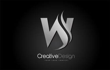 Silver Metal W Letter Design Brush Paint Stroke on Black Background