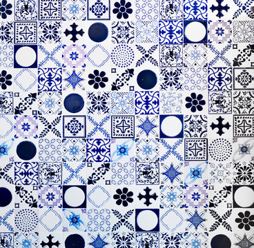 Blue and white patterned tiles