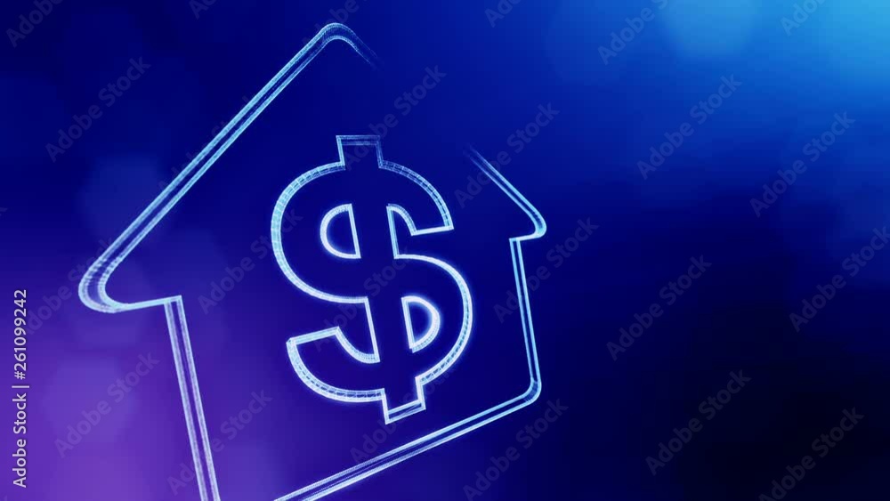 Aufkleber dollar sign in emblem of a house. finance background of luminous particles. 3d seamless animation wi