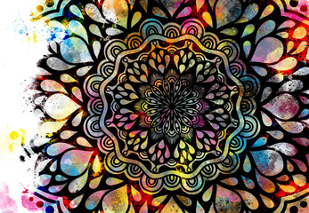 Abstract mandala graphic design and watercolor digital art painting for ancient geometric concept background