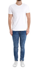 Obraz premium Young man on white background, closeup. Weight loss