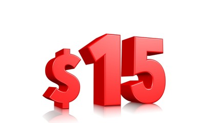 15$ price symbol. red text 3d  render with dollar sign on white background