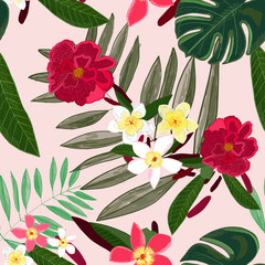 Seamless pattern for textile design. Red tropical flowers. Frangipani. Palm, monstera leaves. Tropical vector seamless floral pattern background. Decorative beautiful illustration wallpaper