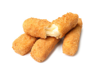 Tasty crispy cheese sticks on white background