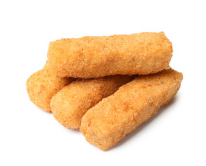Tasty crispy cheese sticks on white background