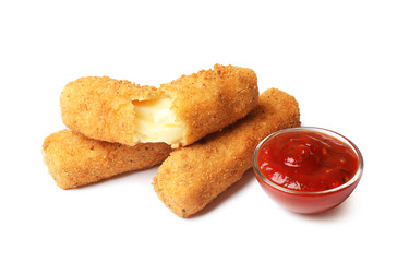 Tasty crispy cheese sticks with sauce on white background