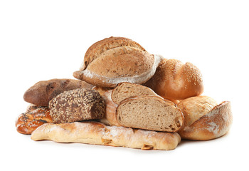 Different kinds of bread on white background