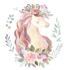 Obraz na płótnie Canvas Watercolor unicorn illustration, watercolor floral wreath and leaves. Illustration hand painted. Unicorn with flowers