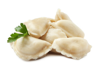 Boiled dumplings with tasty filling on white background