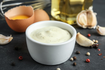 Bowl of garlic sauce on kitchen table