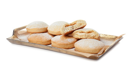 Tray with cookies for Islamic holidays isolated on white. Eid Mubarak