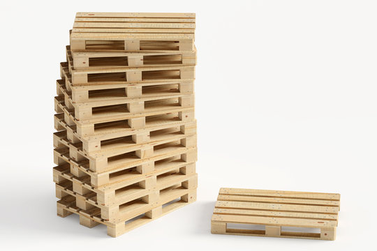 Kleiner gerader Stapel Europaletten Holzpaletten - Einzelne Palette liegt quer auf dem Stapel - neutraler Hintergrund