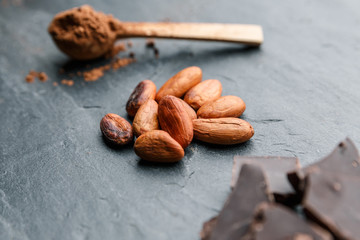 Cacao powder in a wooden spoon with cacao beans and chocolate on a dark background