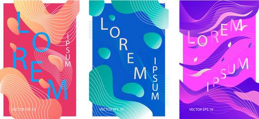 Fototapeta na wymiar A set of posters. Abstract colorful background of liquid and fluid colors for poster design. Blue, yellow, red, orange, pink and Violet. Vector banner poster template in Eps10.