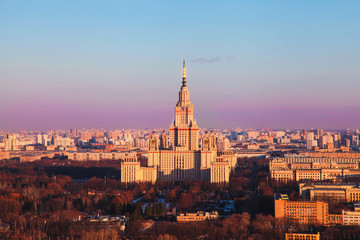 Moscow state university at sunrise. Russia. Top view.