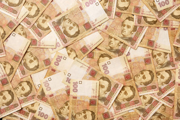 dollars euro hryvnia banknotes background, close up