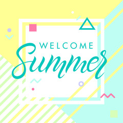Hand drawn lettering summer with geometric elements in memphis style.Abstract design card perfect for prints, flyers,banners,invitations,special offer and more.Vector summer illustration.