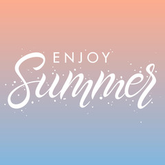 Hand drawn lettering summer with brush stokes on gradient background.Seasons greetings card design perfect for prints, flyers,banners,invitations,special offer and more. Vector summer illustration.