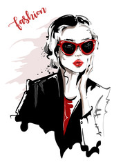Hand drawn beautiful young woman in sunglasses. Stylish girl. Fashion woman look. Sketch. Vector illustration.
