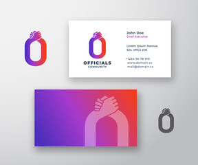Officials Abstract Vector Logo and Business Card Template. Friends, Partners or Brothers Handshake Incorporated in the Letter O with Modern Typography. Premium Stationary Realistic Mock Up.