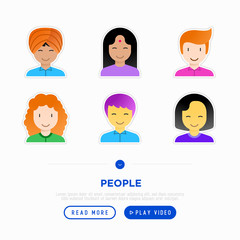 People flat icons set: smiling cartoon male and female heads. Avatars of people with different races and nationalities: caucasian, asian, african, hindu. Modern vector illustration.