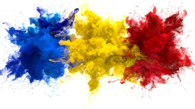 Blue Yellow Red Color Burst - Multiple colorful smoke powder explosion fluid ink particles slow motion alpha matte isolated on white