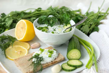 Greek yogurt with herbs in a plate, cucumber, garlic, lemon, dill, parsley,