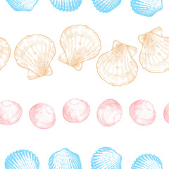Seashells seamless pattern for your ocean life design. Elegant sea shells background in soft colors. Summer template collection vector illustration