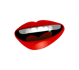 Beautiful smiling open mouth with red sexy lips and shining white teeth 3d realistic icon isolated on white background. Vector funny illustration for toothpaste design