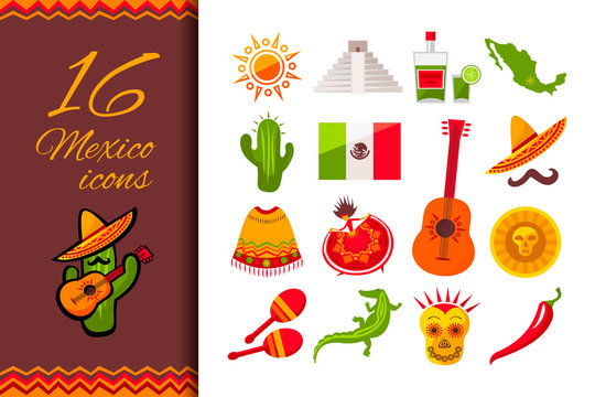 Mexico flat icon set. Sun, Moai pyramid, tequila, Mexico map, cactus, guitar, peyote, sombrero, moustache, poncho, dancing girl, coin, bean, chili, crocodile, maracas, flag. Vector illustration