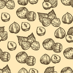 Seamless pattern of hazelnut in the engraving style.