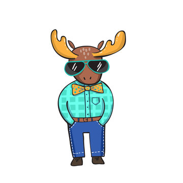 Deer in jeans and sunglasses. Vector illustration
