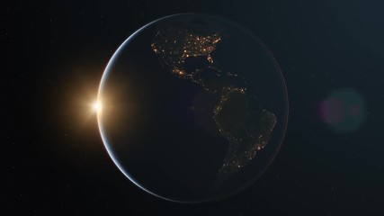 4K Slowly rotating realistic earth from space. Dark side with night lights. With Sun and lens flare. Seamless looping. High quality 3d animation. Elements of this image furnished by NASA. - Powered by Adobe