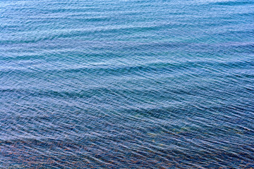 Sea ripples and clear water through which the seabed is visible with stones and algae