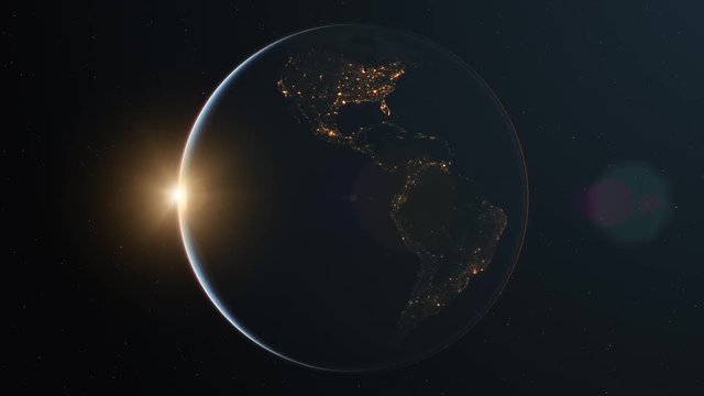 4K Slowly rotating realistic earth from space. Dark side with night lights. With Sun and lens flare. Seamless looping. High quality 3d animation. Elements of this image furnished by NASA.