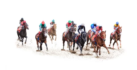 Fotobehang paard jockey racen geïsoleerd op witte achtergrond © Dikkens