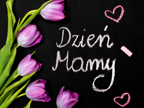 Mother's day composition. A bouquet of tulips and Polish sentence MOTHER'S DAY written in chalk on a chalkboard