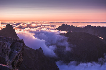Mountains Landscape with Inversion in the Valley at Sunset as seen From Rysy Peak in High Tatras,...