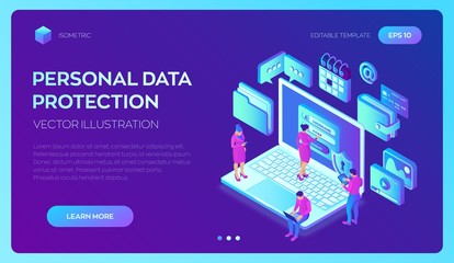 Data protection. Laptop with authorization form on screen, personal data protection. User male and female character. Data access, login form on screen. 3d isometric design. Vector illustration.